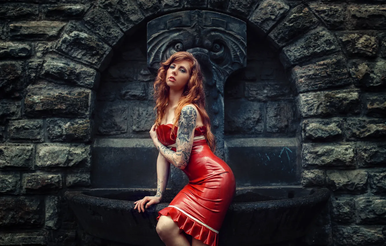 Photo wallpaper girl, pose, style, model, tattoo, latex, fountain, red