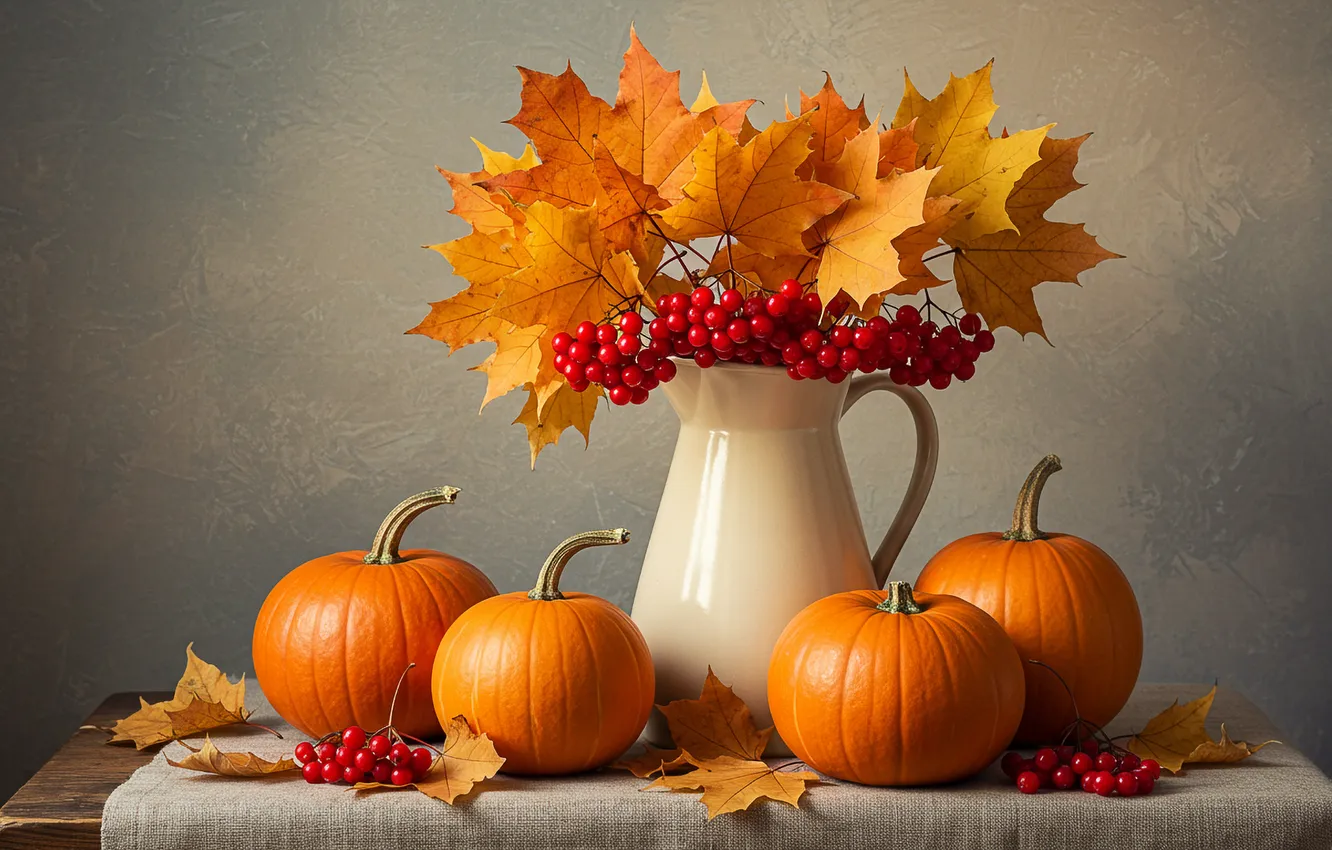 Photo wallpaper autumn, leaves, art, pumpkin, composition