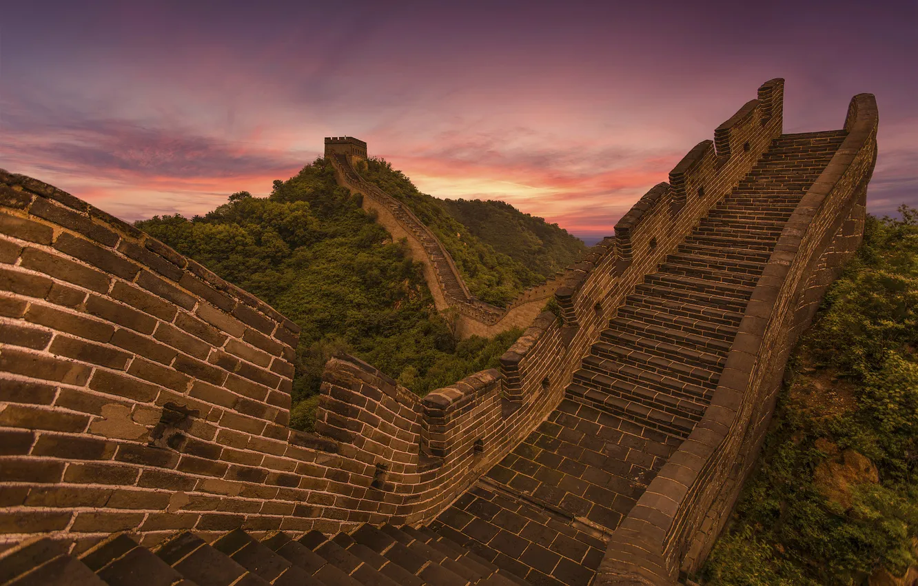 Photo wallpaper forest, sunset, mountains, hills, ladder, China, stage, architecture