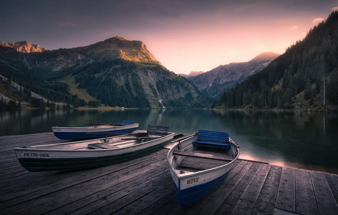 Photo wallpaper forest, light, mountains, lake, boat, tops, Board, morning