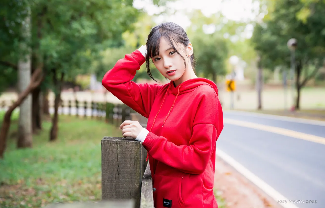 Photo wallpaper road, look, trees, pose, model, portrait, makeup, jacket