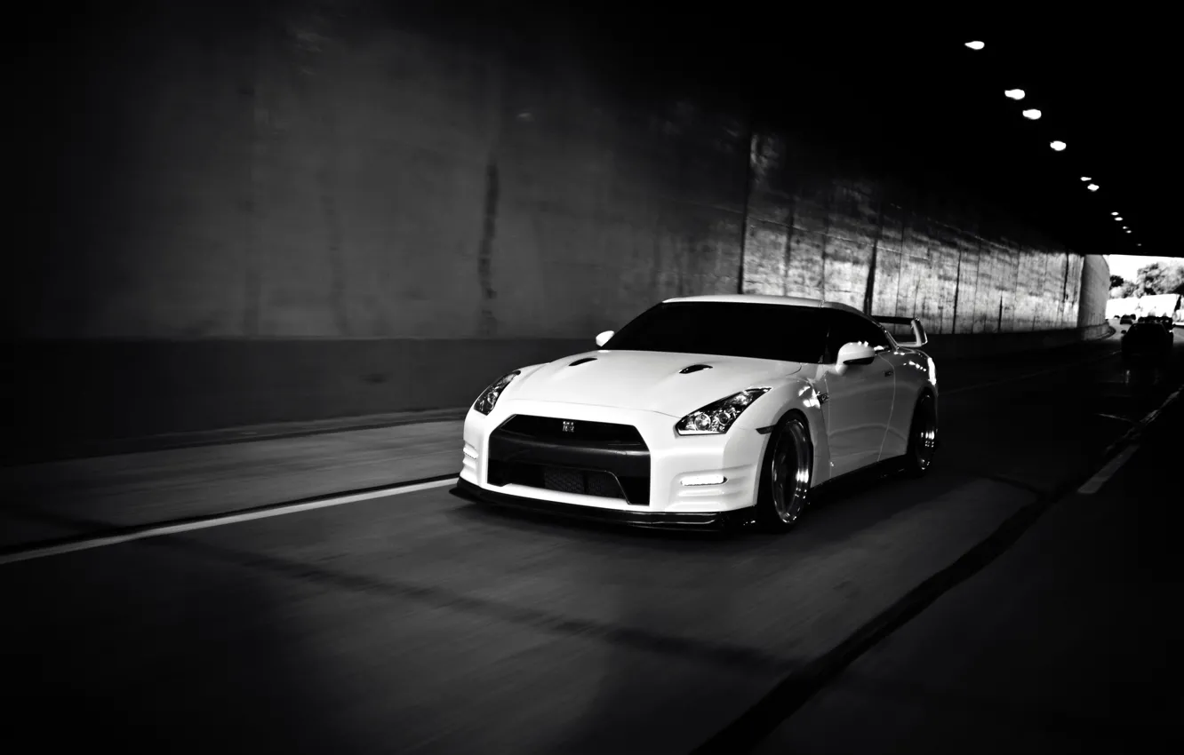 Photo wallpaper white, Nissan, white, GT-R, sports car, Nissan, in motion