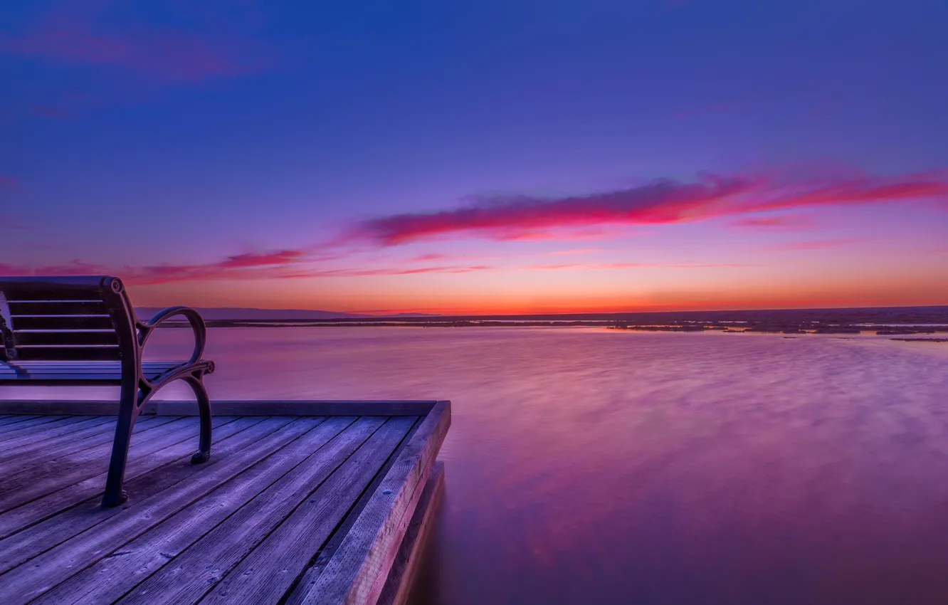 Photo wallpaper bench, nature, lake, dawn, Marina