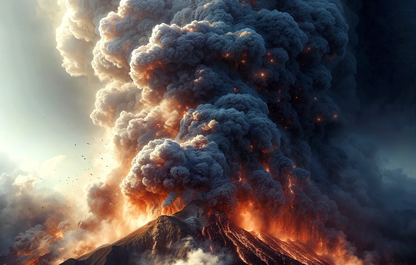 Photo wallpaper landscape, mountains, nature, lights, element, smoke, the volcano, pair