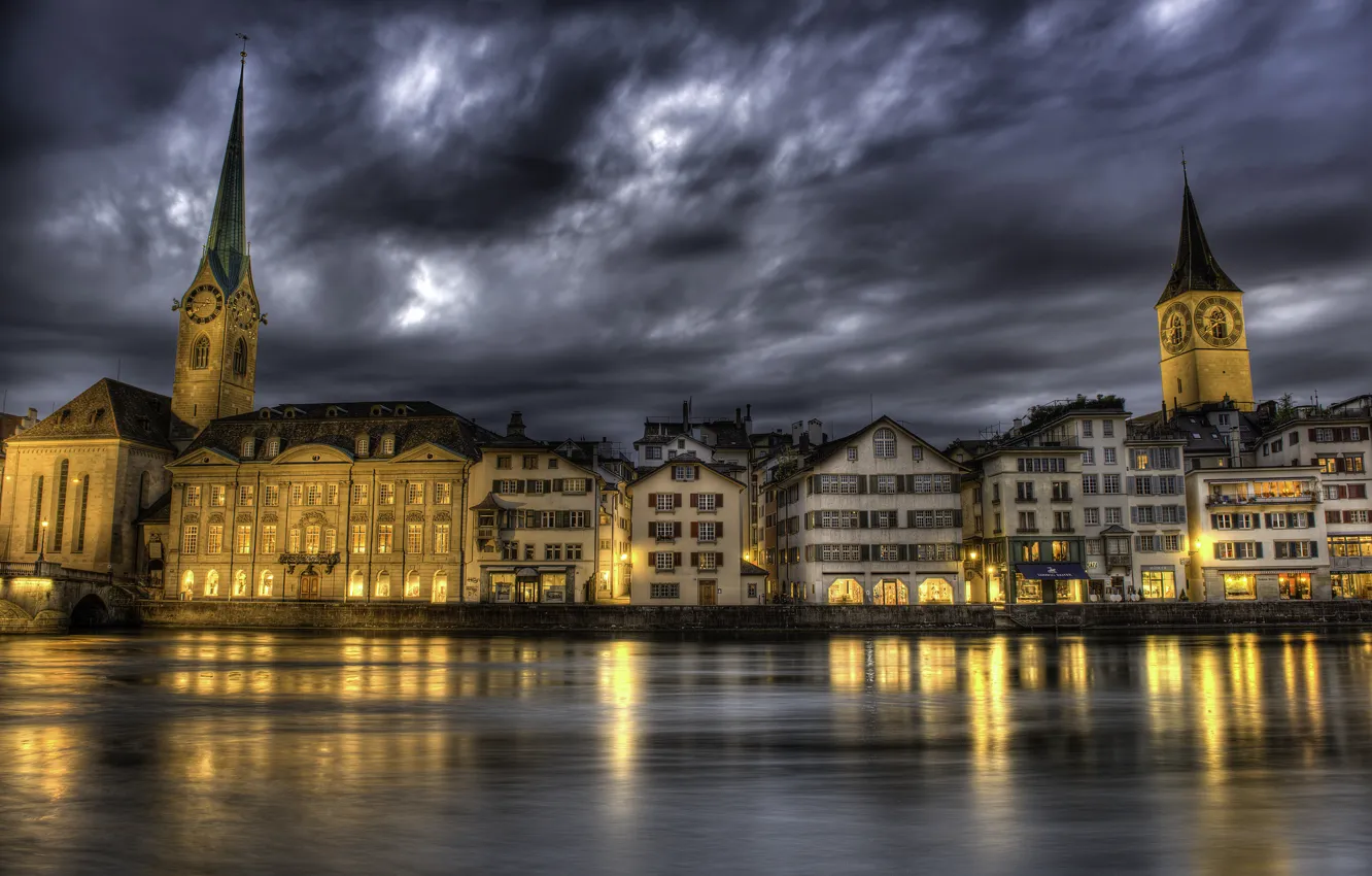 Photo wallpaper clouds, lights, home, Switzerland, twilight, Zurich, the Limmat river