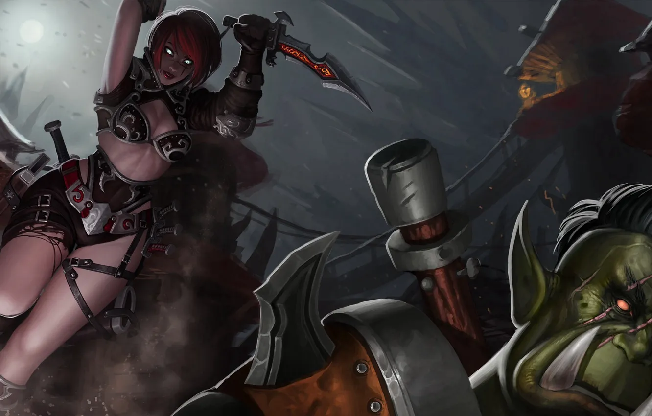 Photo wallpaper art, attack, World of Warcraft, elf, Orc, blade