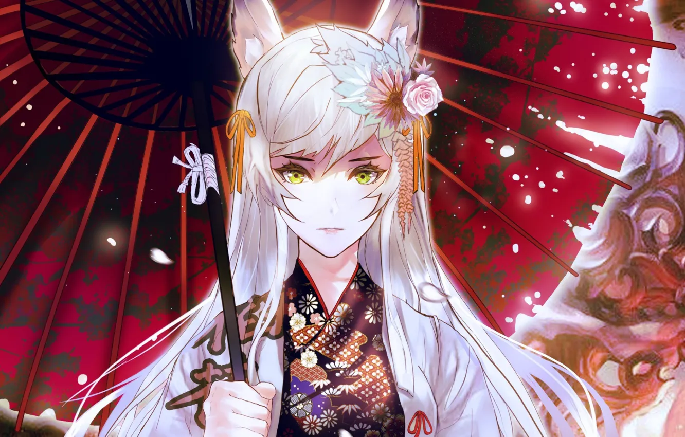 Photo wallpaper girl, face, umbrella, kimono, ears, art, green eyes, long white hair