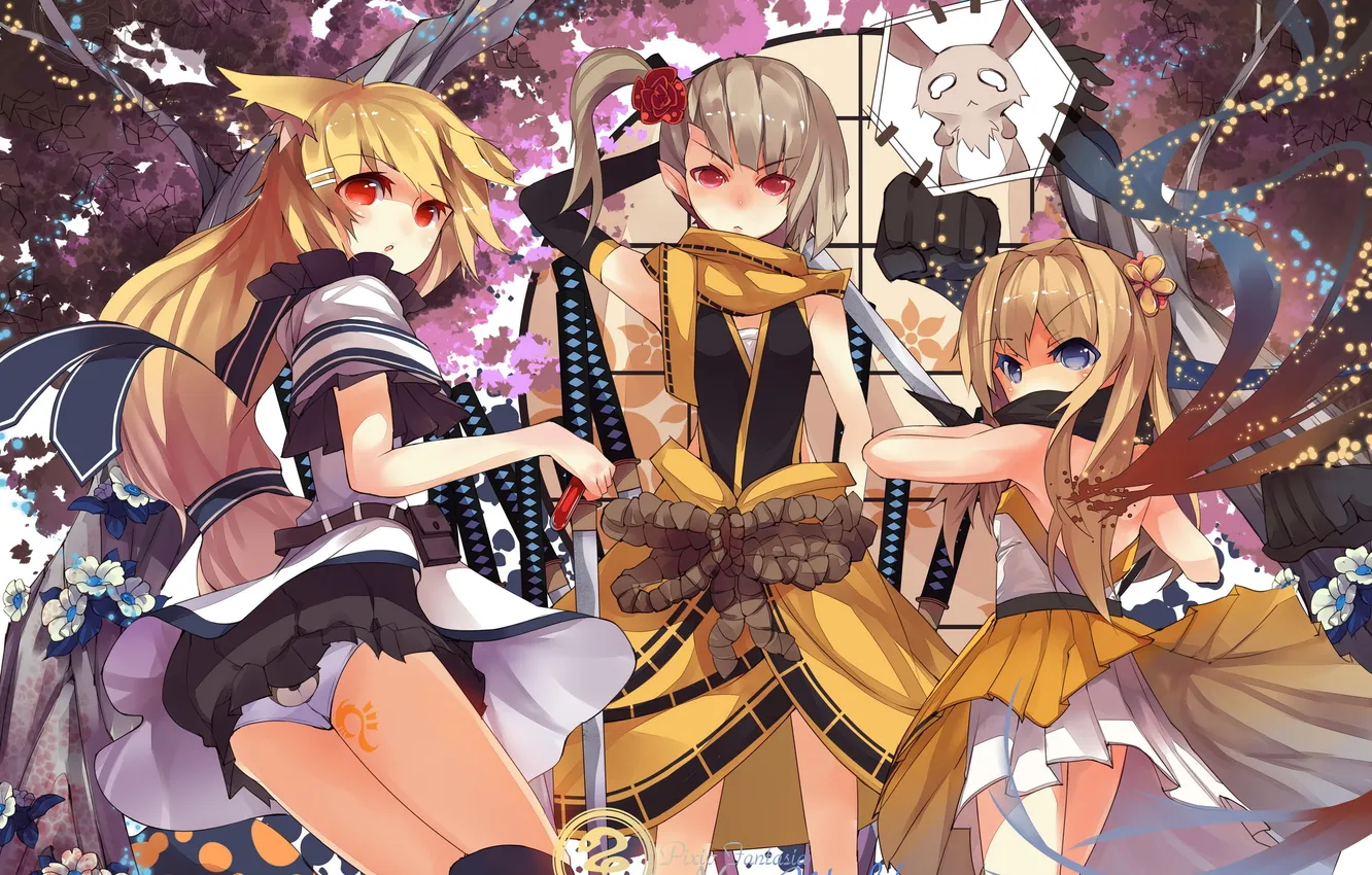 Photo wallpaper look, girl, nature, weapons, panties, sword, art, rain lan