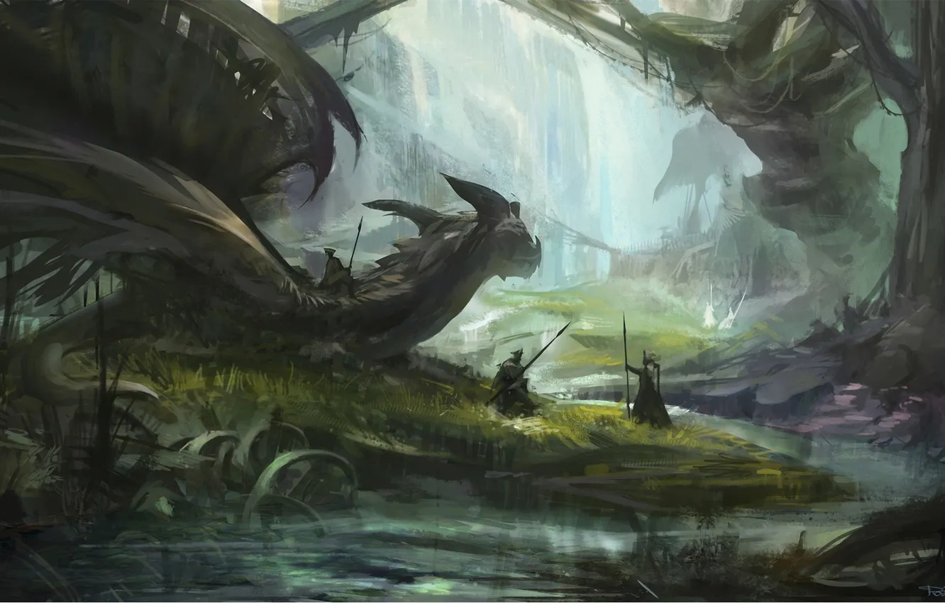 Photo wallpaper forest, grass, trees, river, dragon, warrior, art, rider