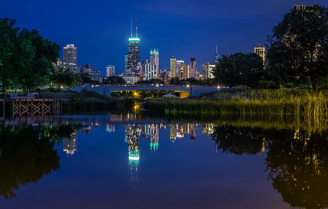 Photo wallpaper water, trees, landscape, night, bridge, the city, pond, Park