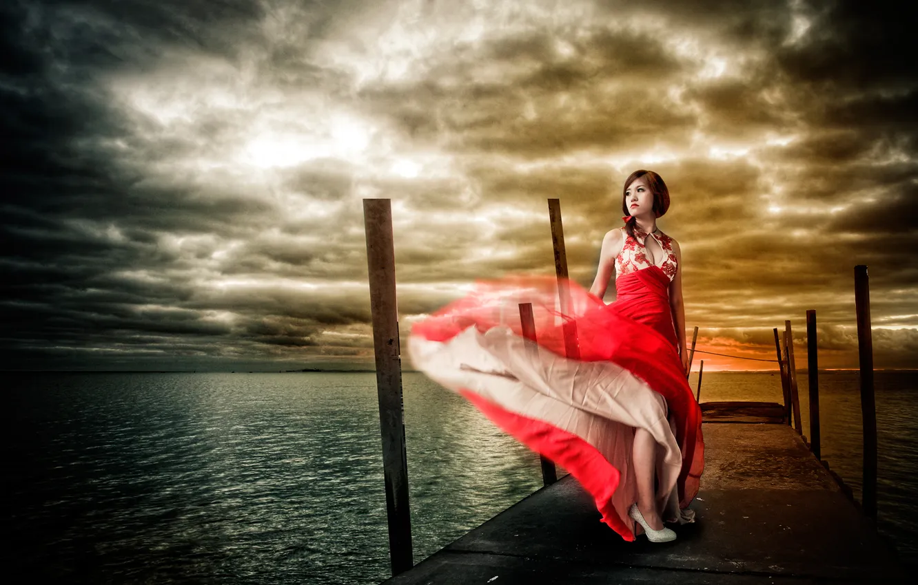 Photo wallpaper water, girl, red, pier, pierce, plte
