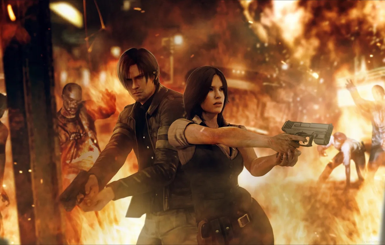 Photo wallpaper lights, gun, fan art, Resident Evil 6, Leon Scott Kennedy, Helena Harper, Leon S. Kennedy