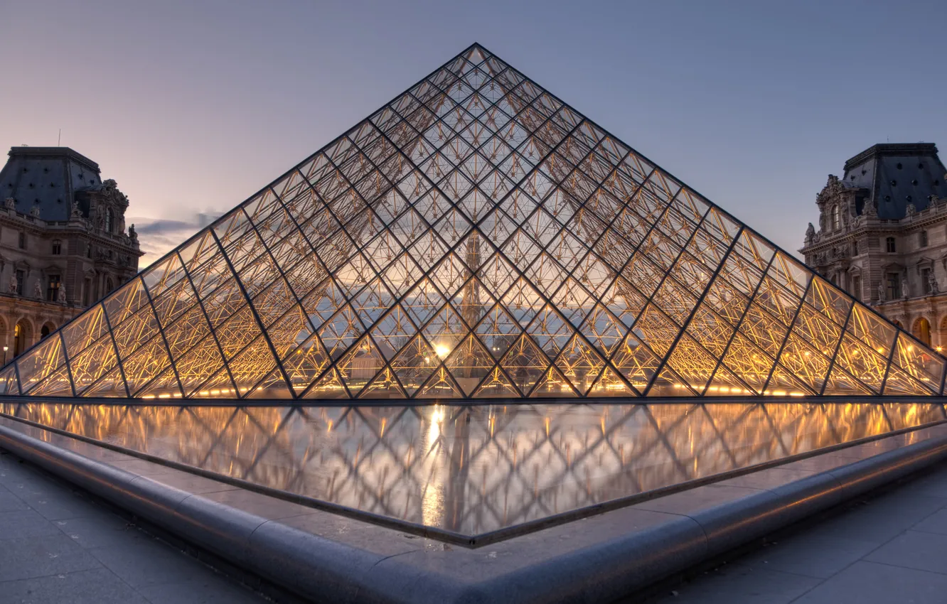 Photo wallpaper sunset, the city, France, Paris, the evening, The Louvre, lighting, pyramid