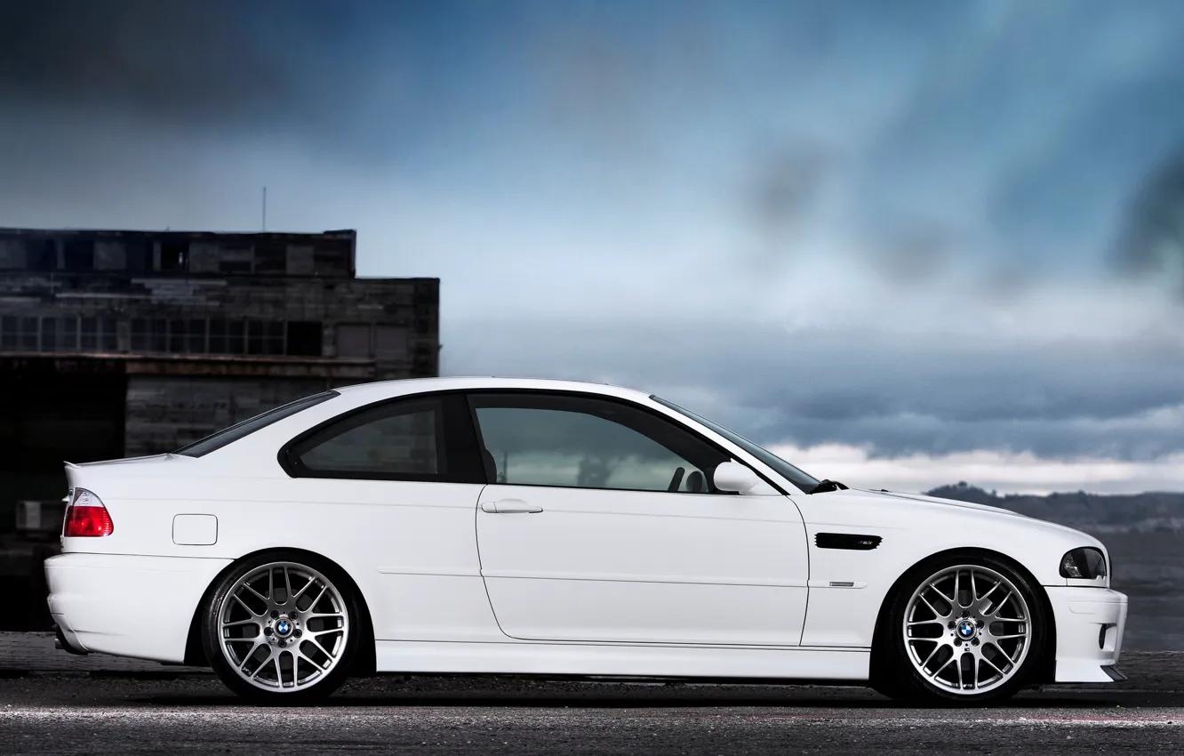 Photo wallpaper white, the sky, clouds, the building, bmw, BMW, coupe, profile