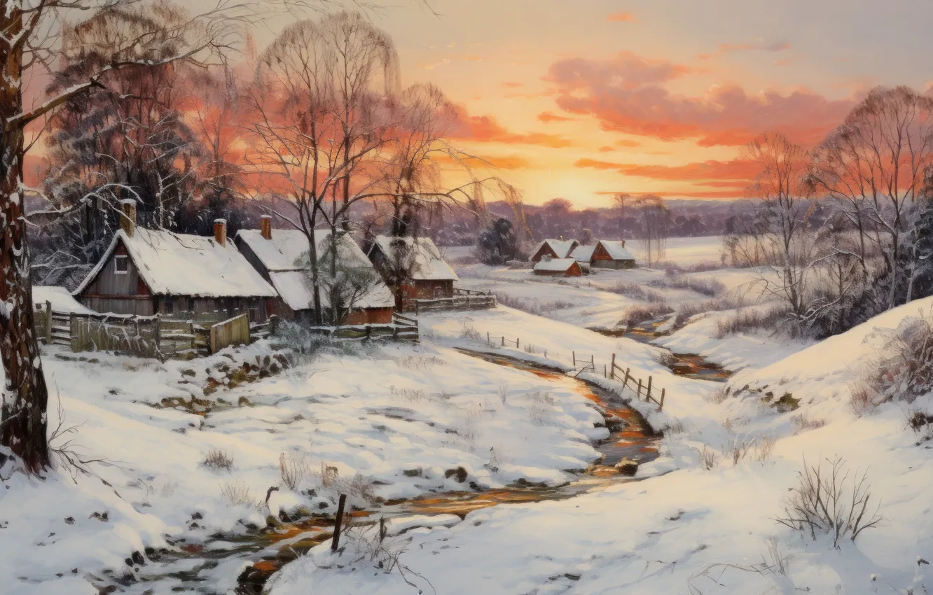 Photo wallpaper art, winter, farm, drawing, cabin