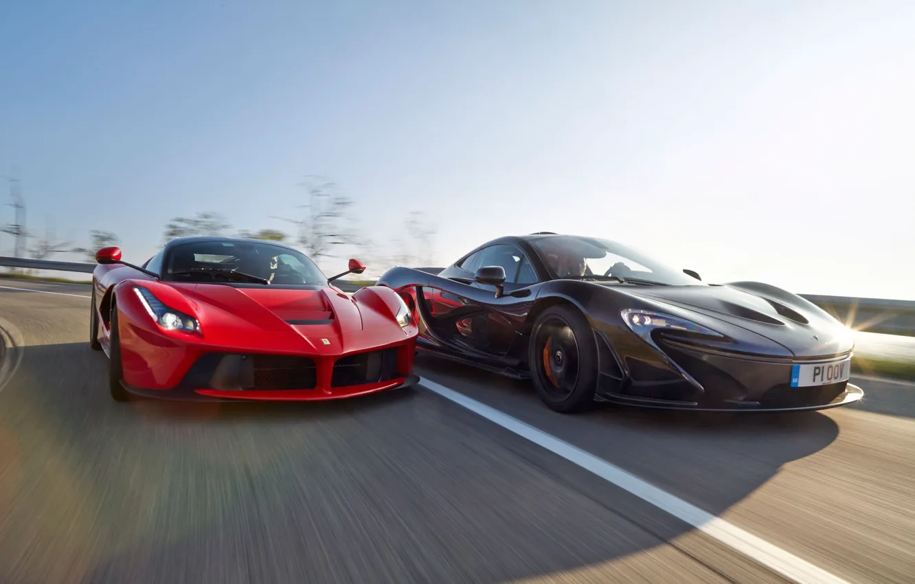 Photo wallpaper McLaren, Ferrari, Red, Sky, Power, Speed, Front, Black, Sun, Supercars, Road, LaFerrari, Lead, Moutian