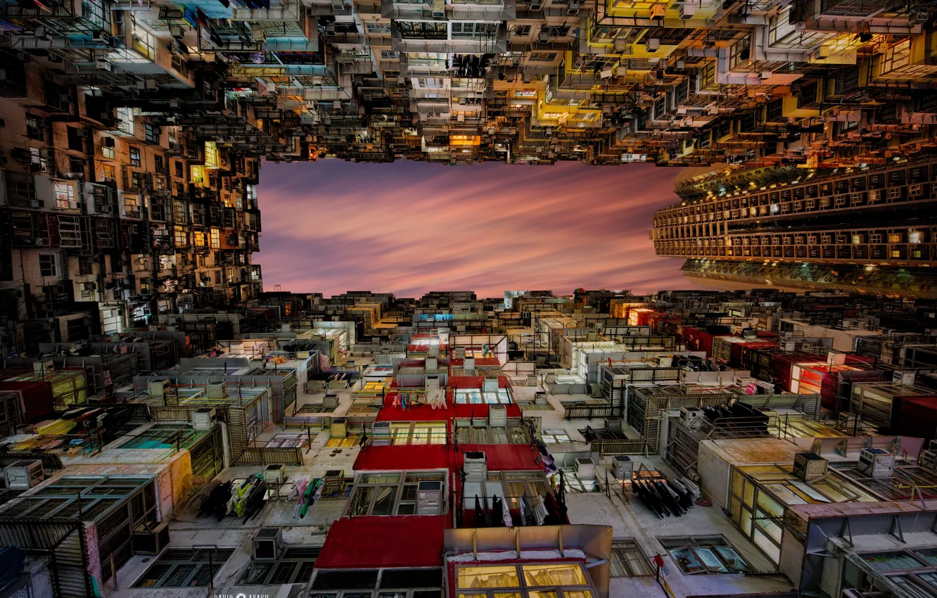 Photo wallpaper the sky, sunset, the city, lights, linen, building, home, Hong Kong