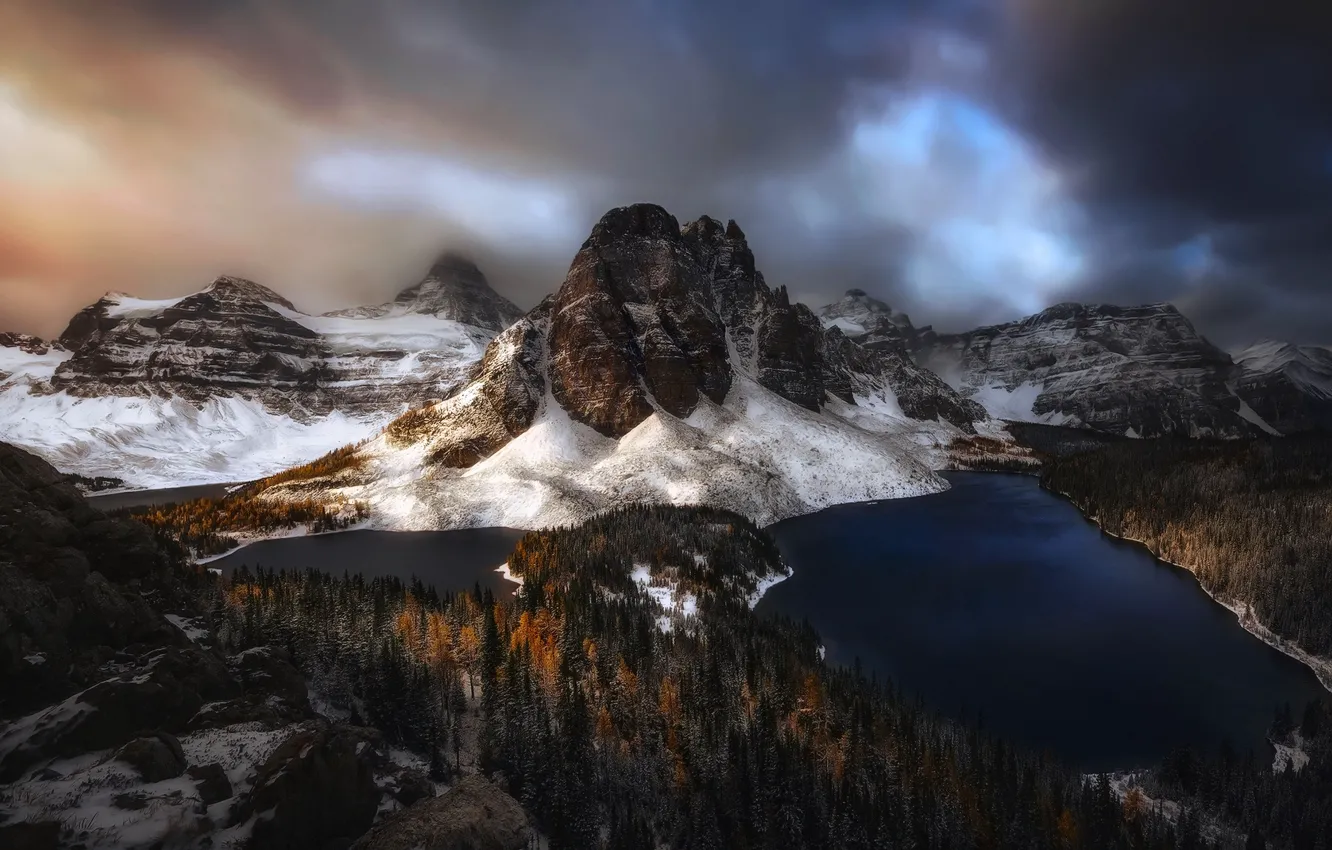 Photo wallpaper winter, autumn, forest, clouds, snow, mountains, lake, Canada