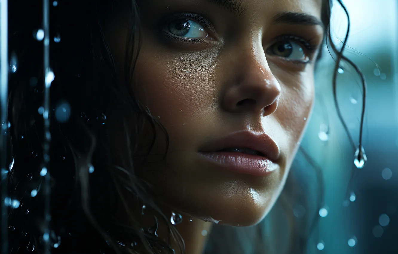 Photo wallpaper look, girl, drops, face, rain, portrait, brunette, window