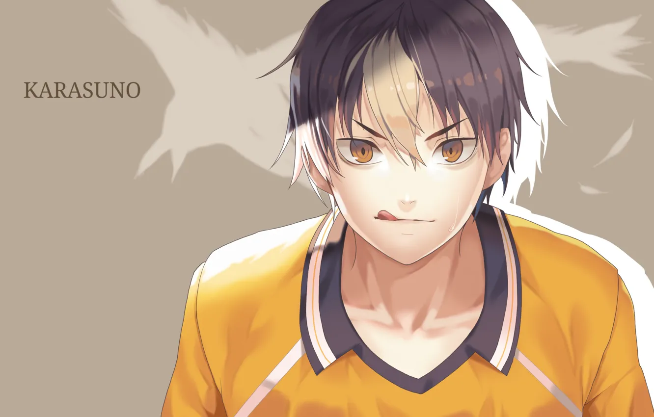 Photo wallpaper language, look, guy, grey background, yellow eyes, bangs, sports uniforms, haikyuu!!