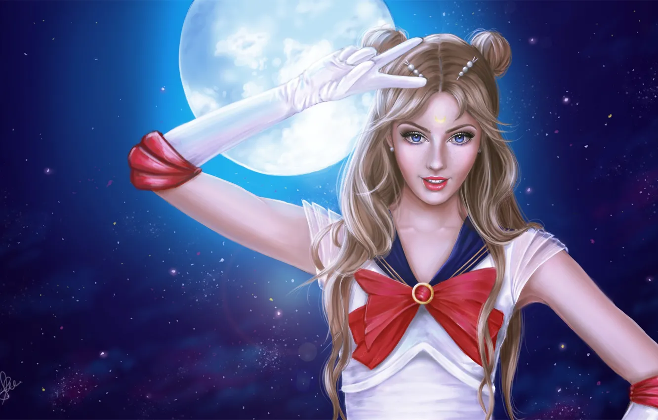 Photo wallpaper look, girl, night, the moon, anime, art, costume, Sailor moon
