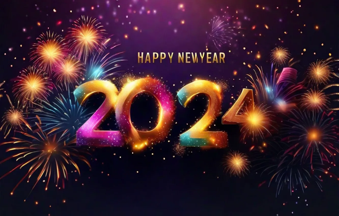 Photo wallpaper new year, salute, colorful, figures, golden, Neon, New Year, numbers