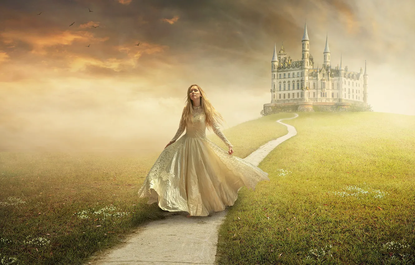 Photo wallpaper field, girl, fog, castle, haze, walk, white dress, Princess