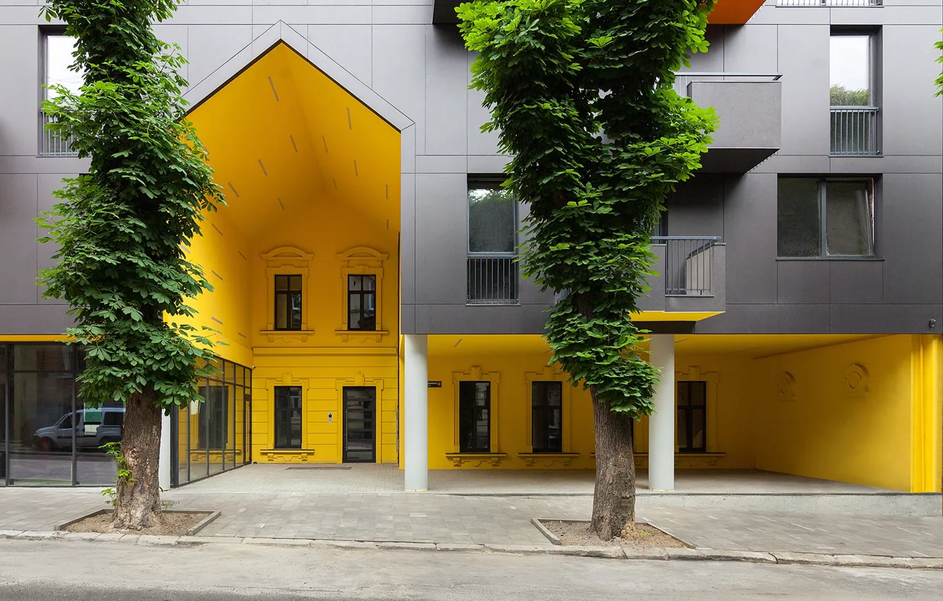 Photo wallpaper trees, design, street, building, architecture