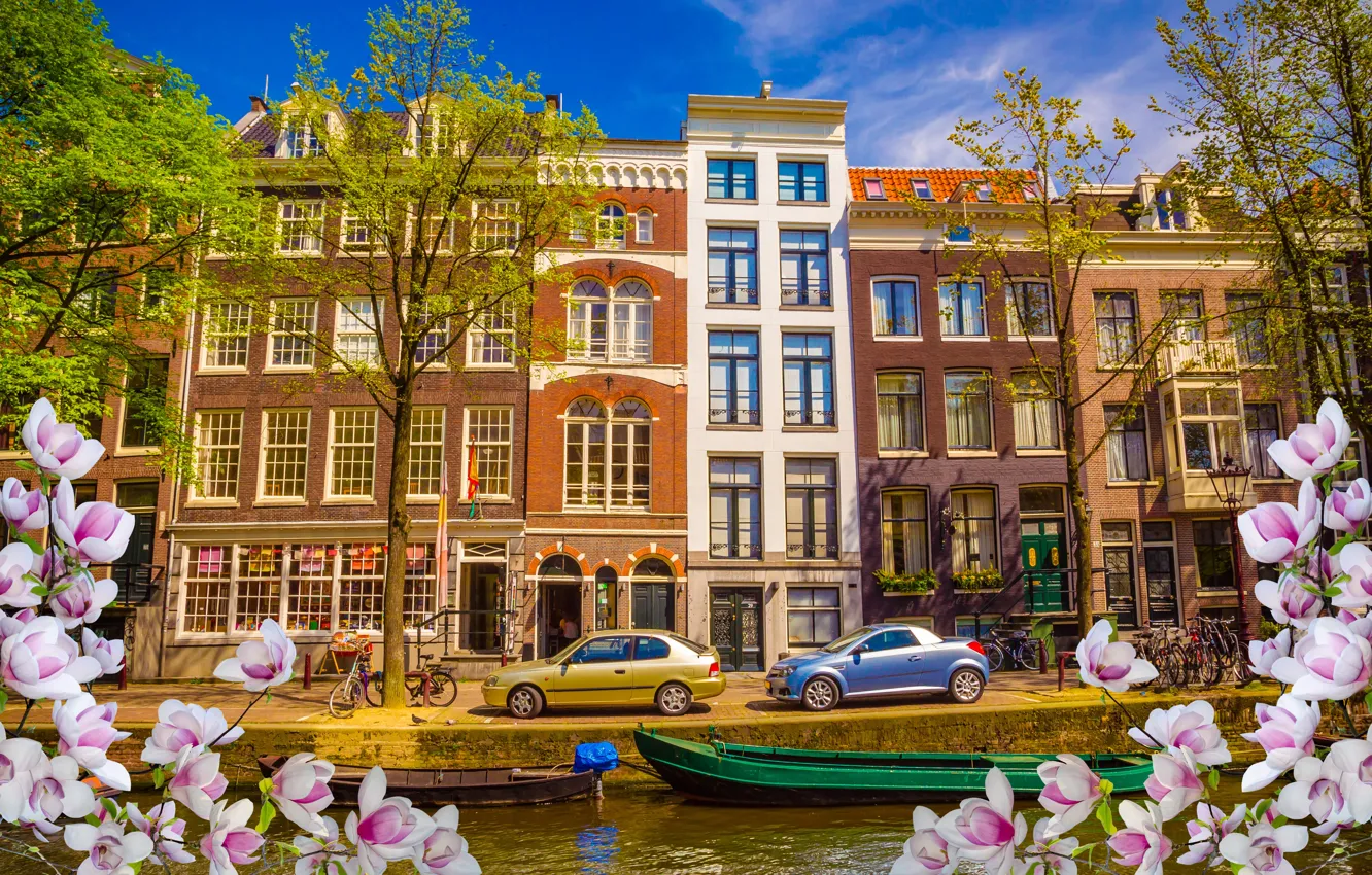 Photo wallpaper river, spring, boats, Amsterdam, flowering, blossom, Amsterdam, flowers