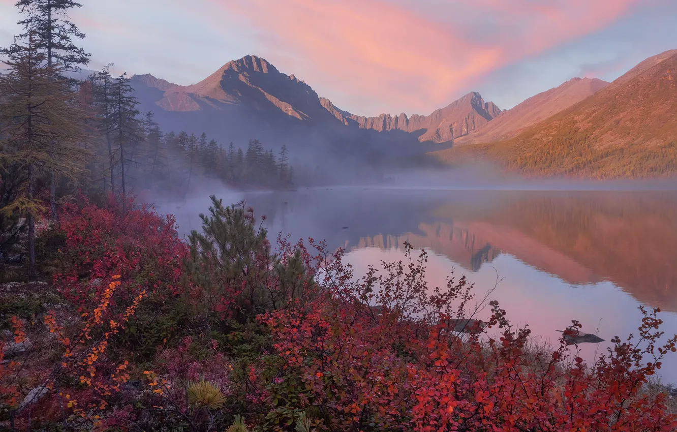 Photo wallpaper autumn, landscape, mountains, nature, fog, dawn, morning, Vladimir Ryabkov