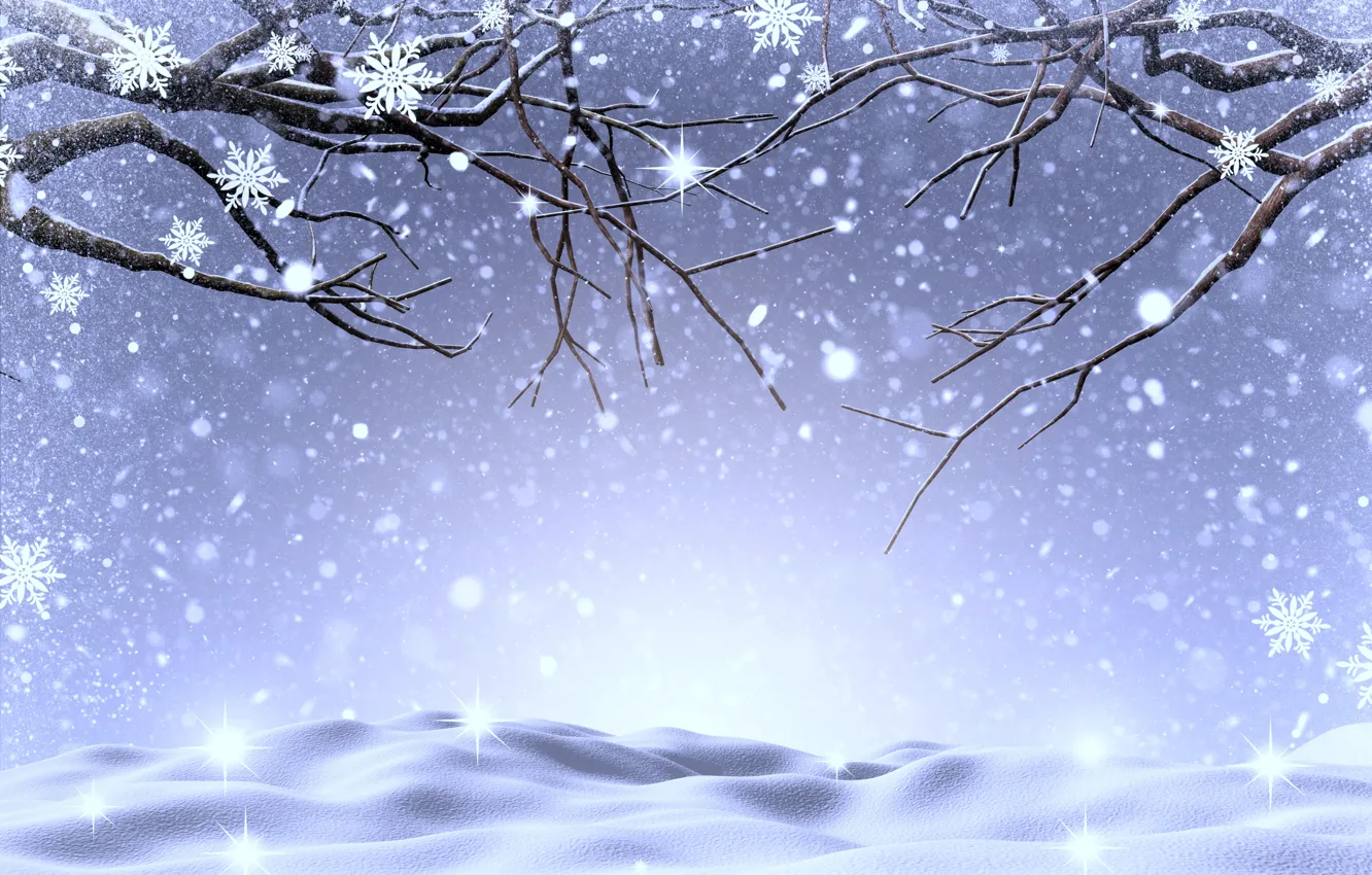 Photo wallpaper winter, snow, trees, snowflakes, branches, landscape, winter, snow