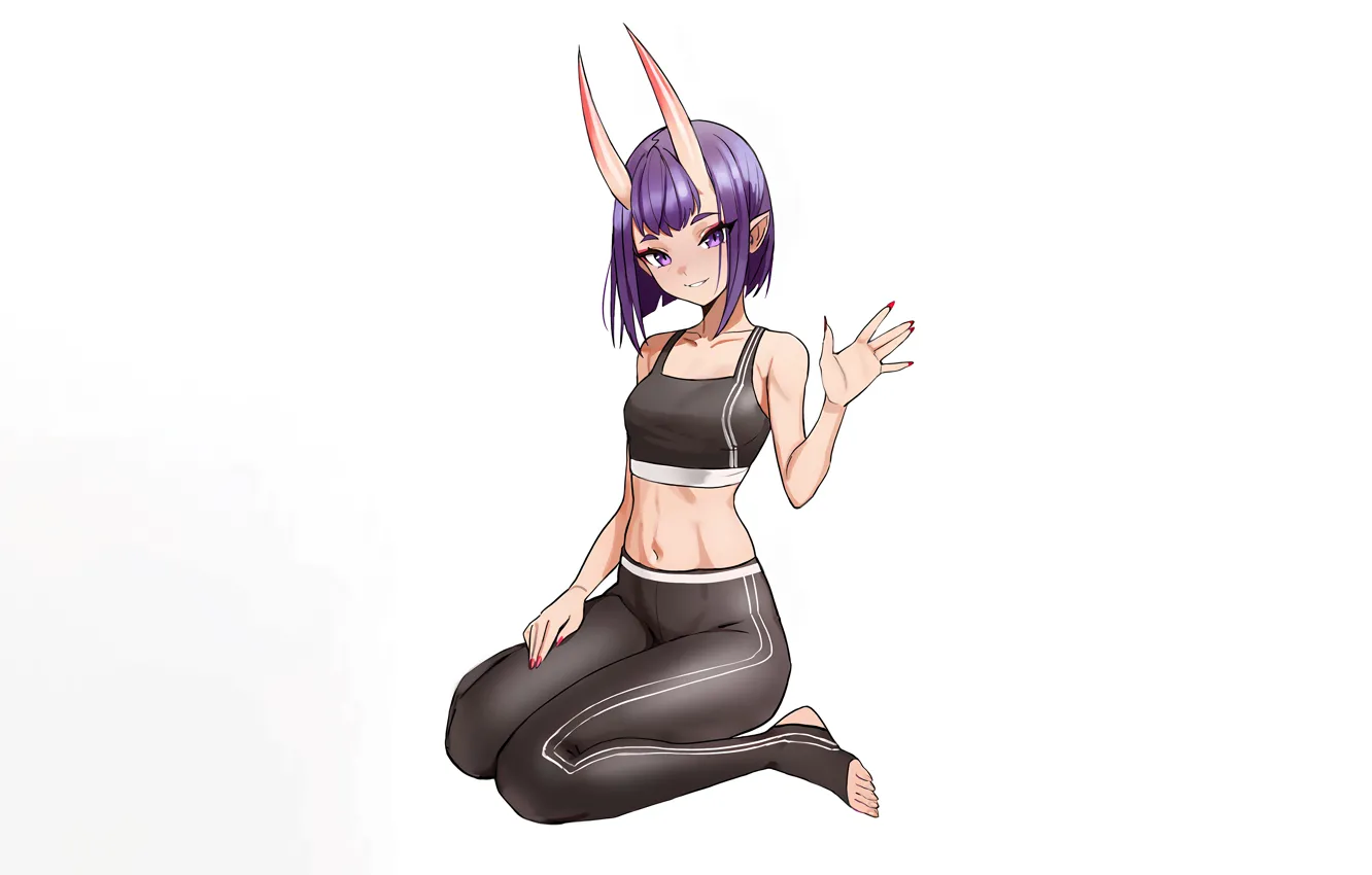 Photo wallpaper girl, sexy, horns, legs, anime, beautiful, short hair, purple eyes