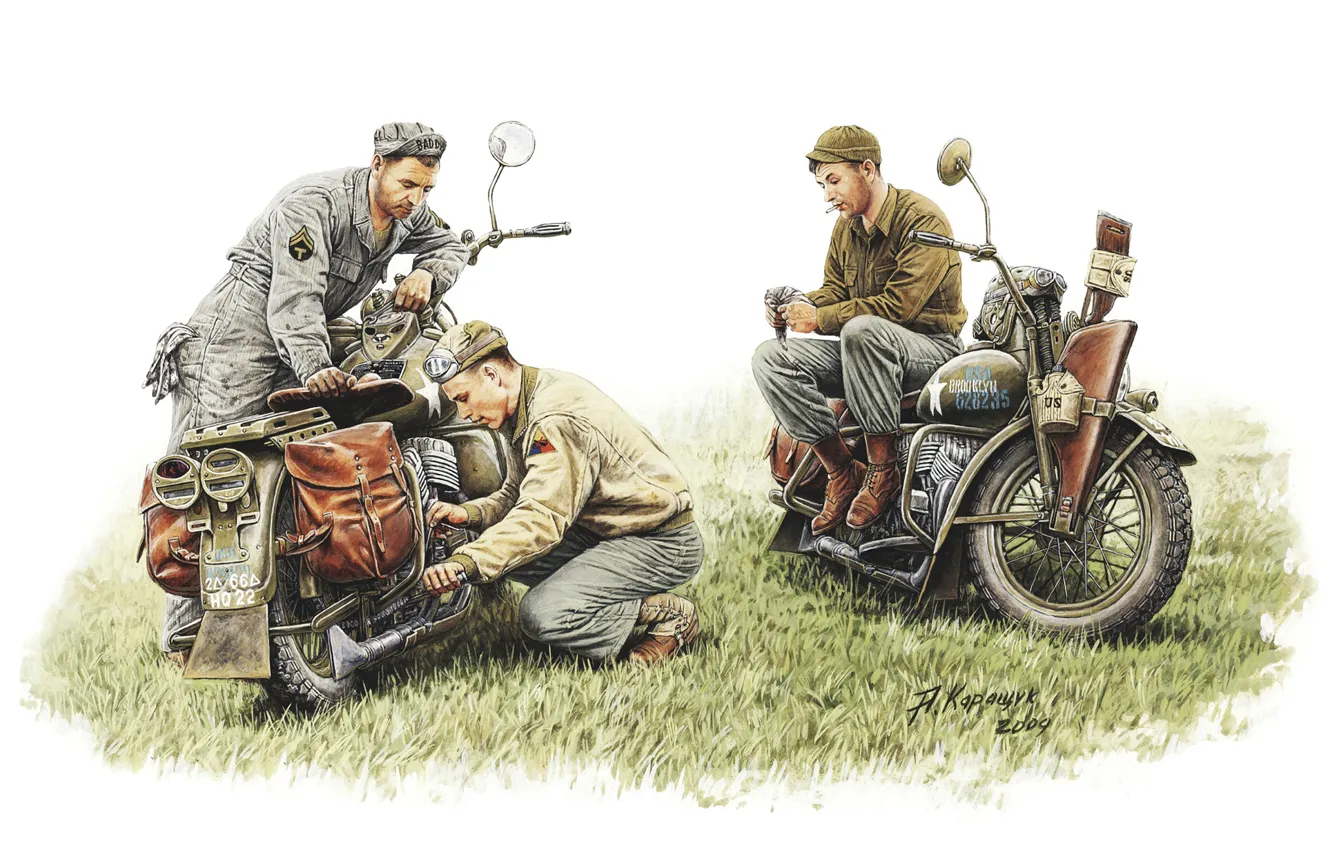 Photo wallpaper model, art, motorcycle, soldiers, USA, repair, break, Harley-Davidson