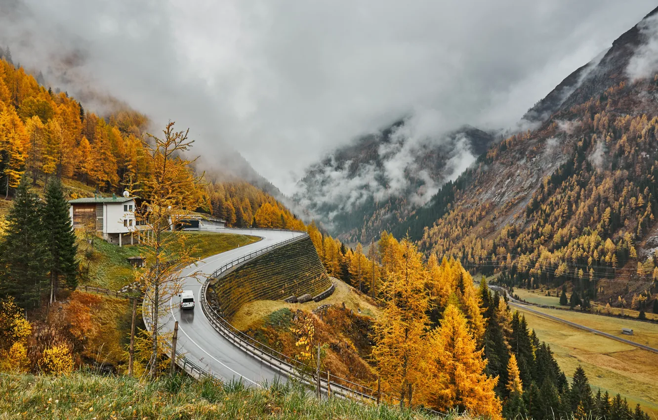Photo wallpaper road, autumn, mountains, Austria, Alps, Autumn, Mountains, Austria