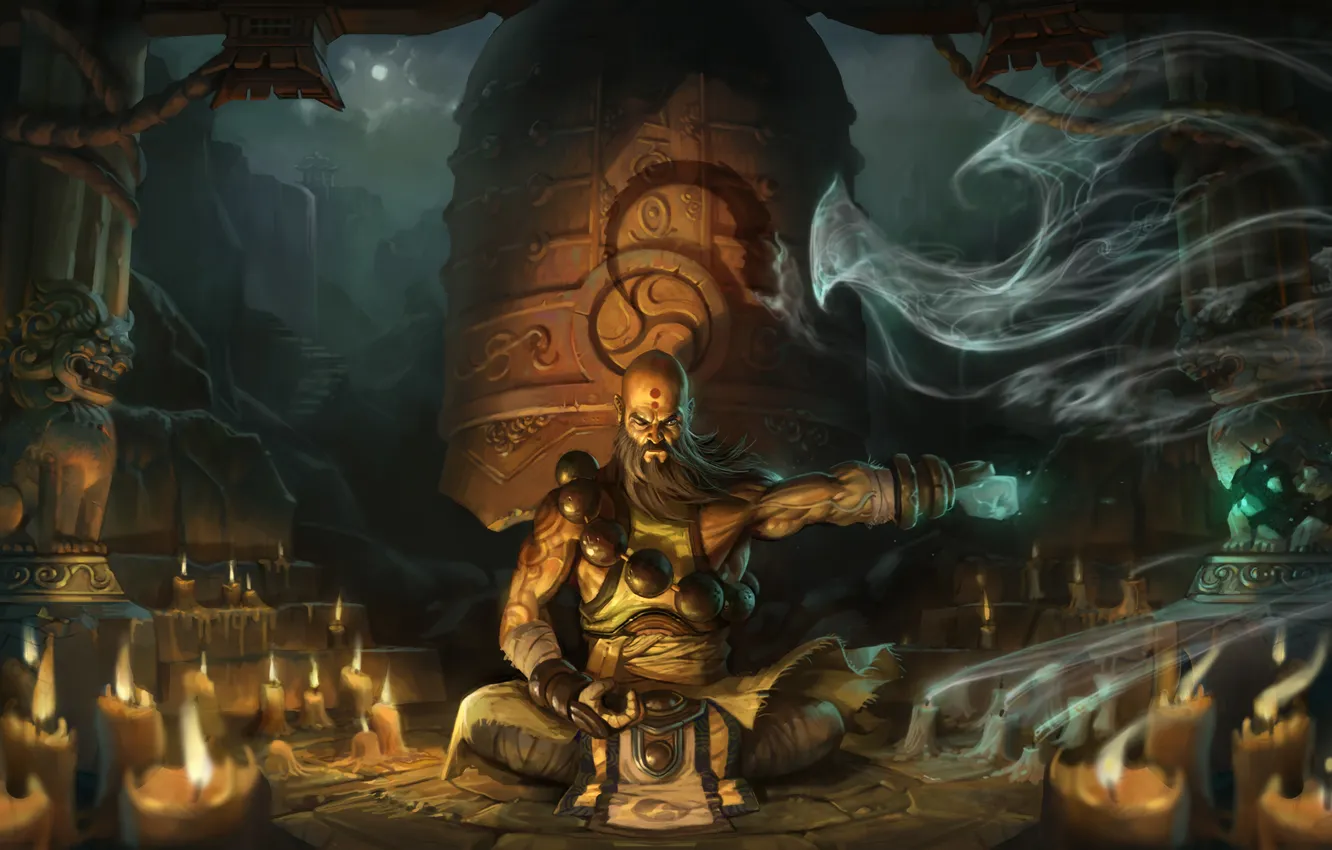 Photo wallpaper smoke, candles, warrior, meditation, art, monk, temple, Diablo 3