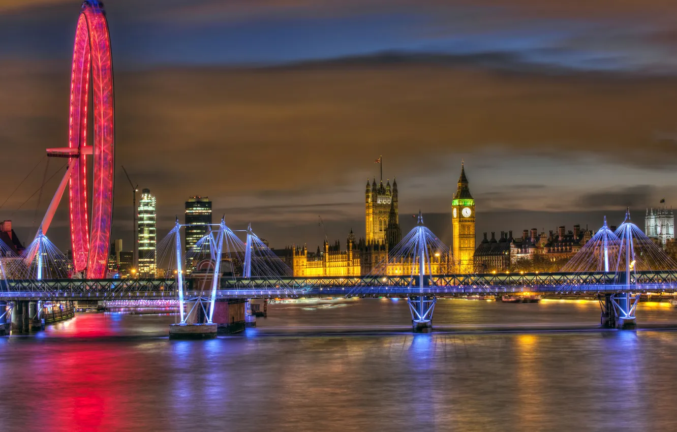 Photo wallpaper night, bridge, river, England, London, the evening, lighting, UK