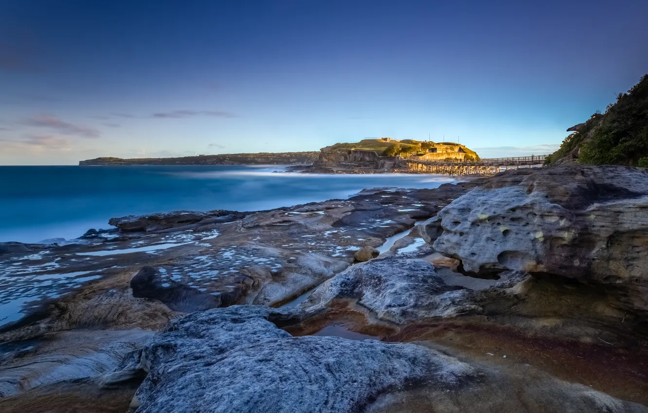 Photo wallpaper sea, the sky, bridge, rocks, island, Australia, New South Wales