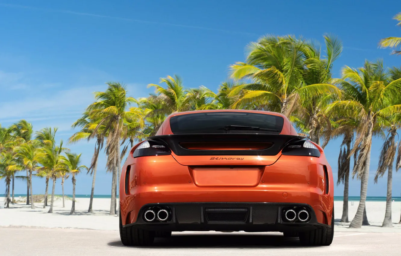Photo wallpaper the sky, palm trees, Porsche, Panamera, Porsche, rear view, Panamera, Stingray GTR