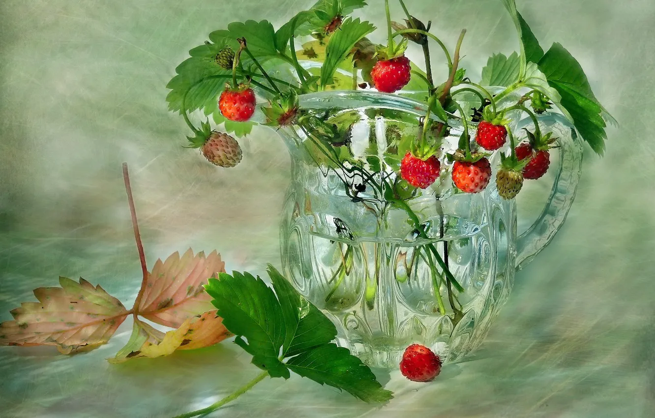 Photo wallpaper leaves, strawberries, vase, etude