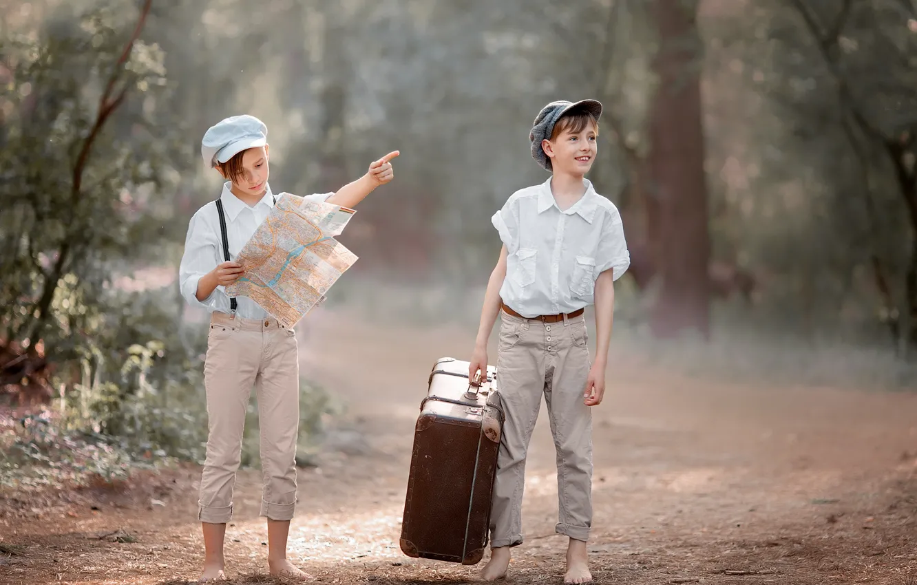 Photo wallpaper road, forest, nature, children, map, suitcase, journey, boys