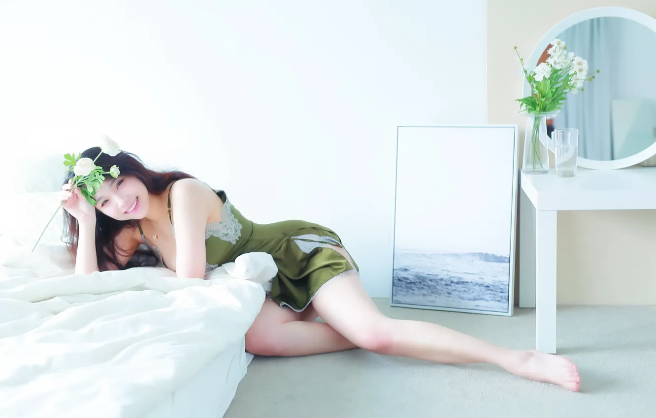 Photo wallpaper girl, flowers, Asian