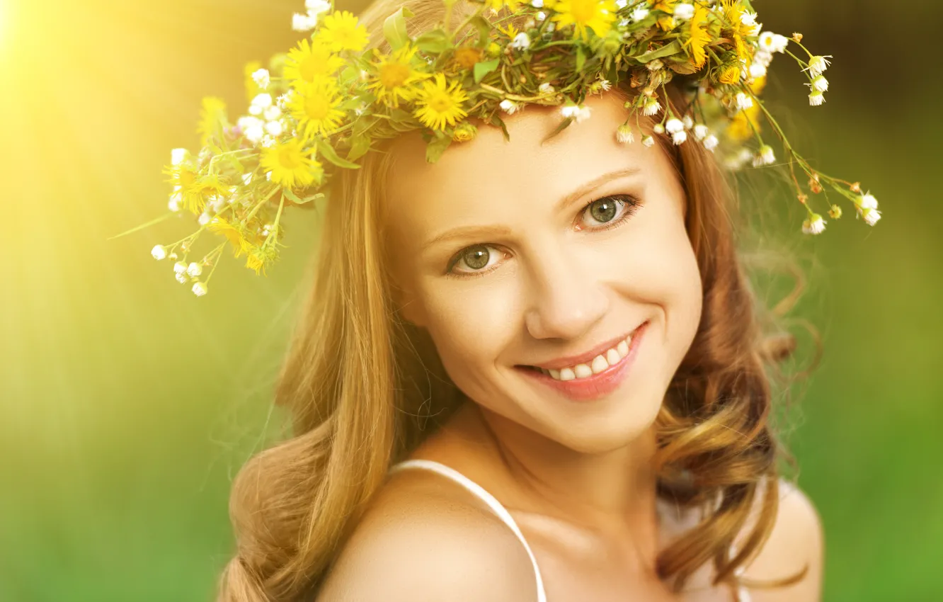 Photo wallpaper look, girl, flowers, smile, blonde, wreath, green-eyed