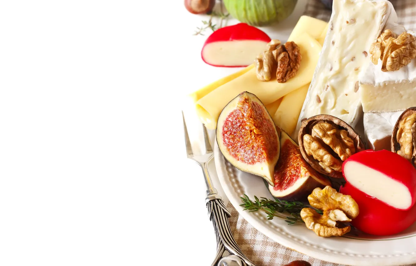 Photo wallpaper food, cheese, plate, nuts, figs, Natalia Klenova