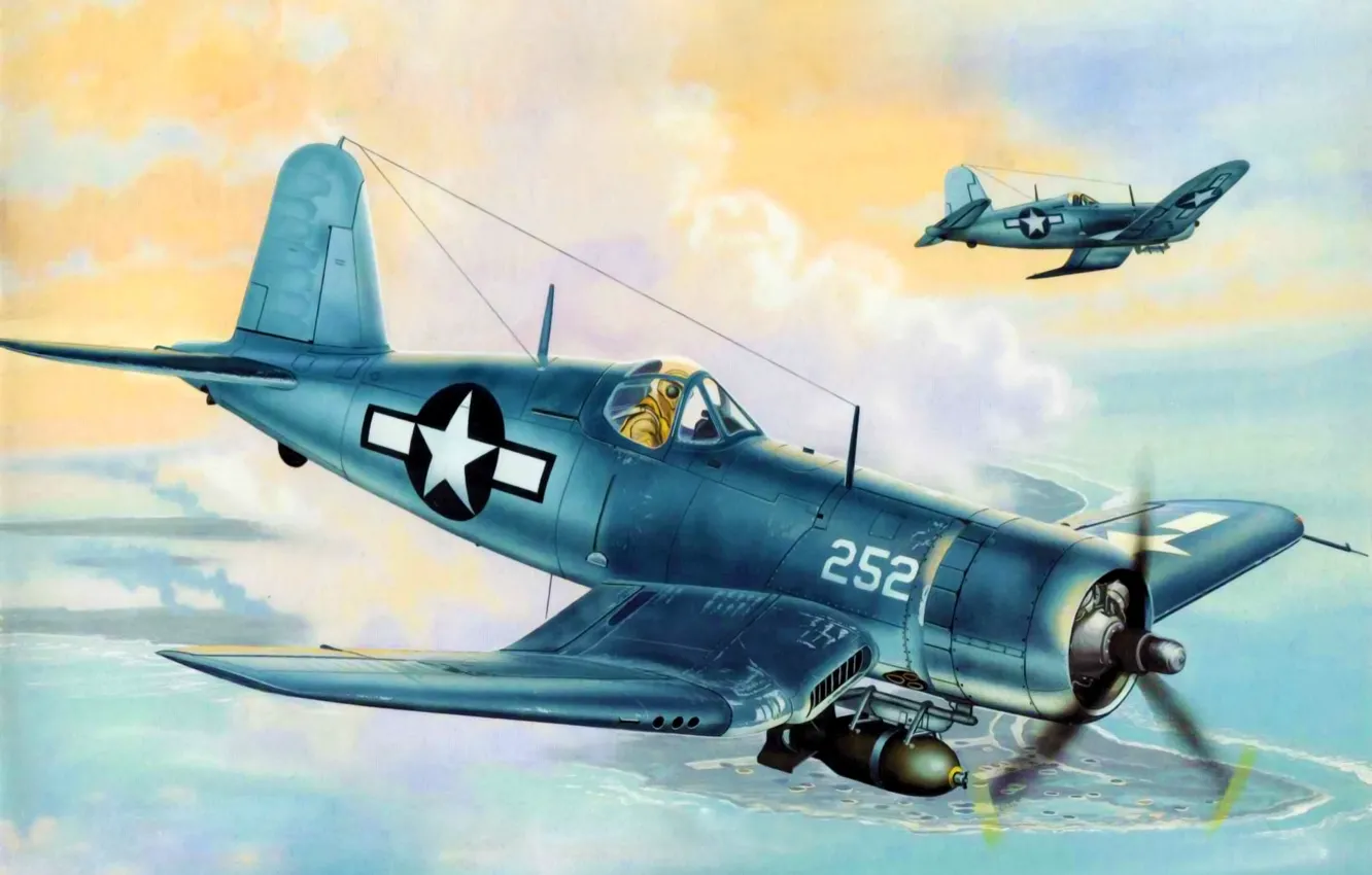 Photo wallpaper fighter, war, art, airplane, painting, ww2, F4U Corsair