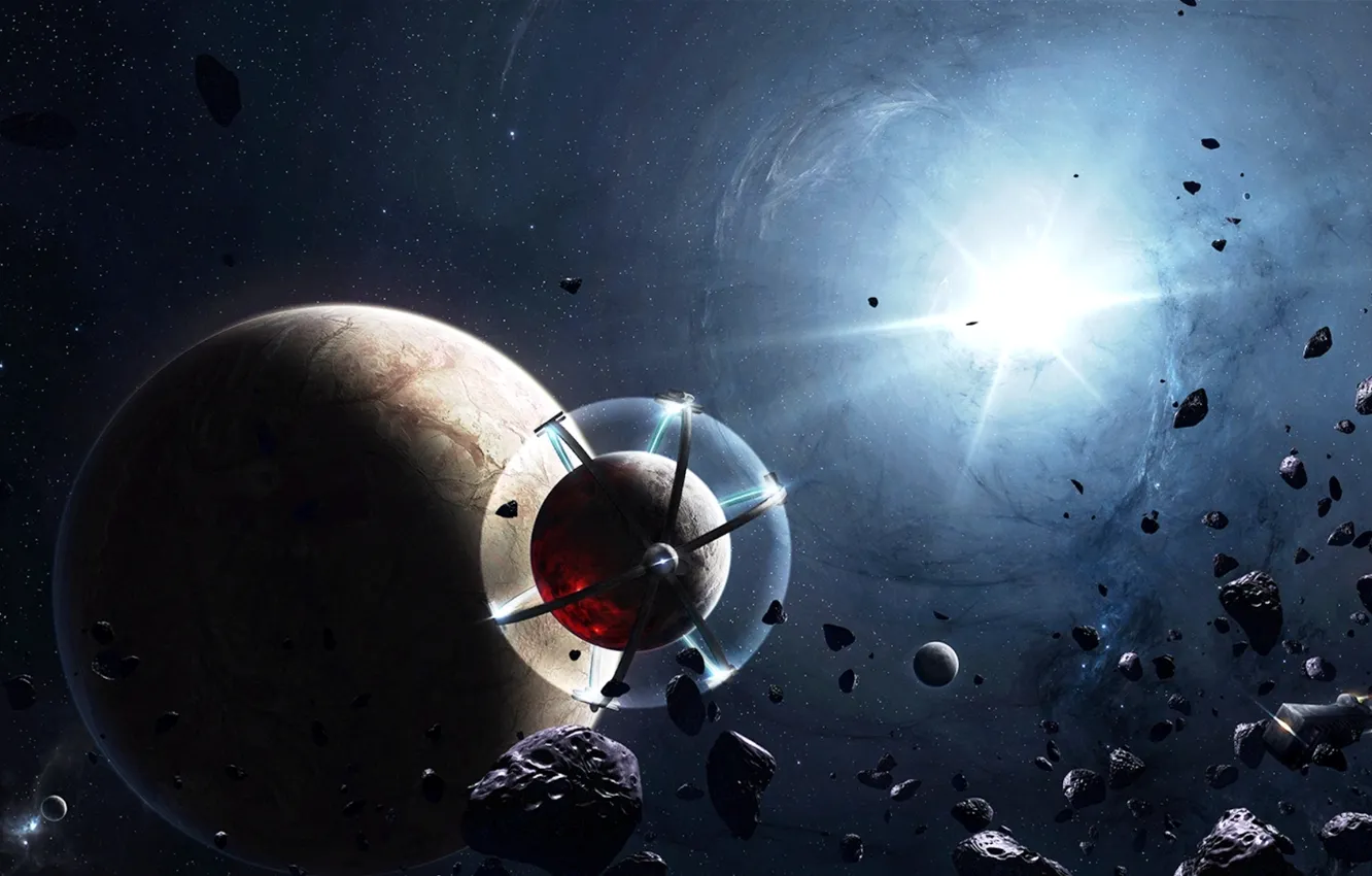 Photo wallpaper spaceship, planets, gleaming streans