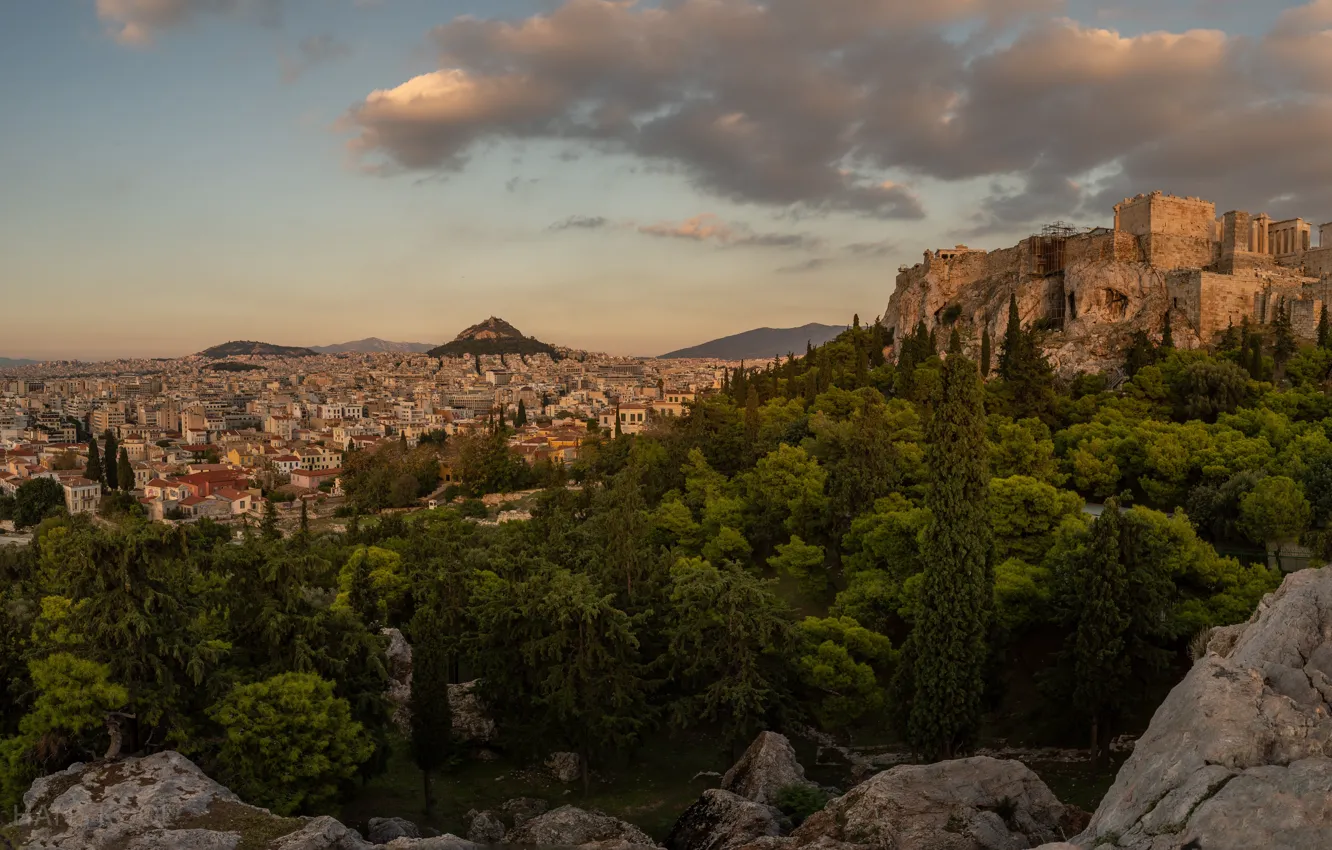 Photo wallpaper forest, clouds, trees, mountains, the city, stones, castle, view