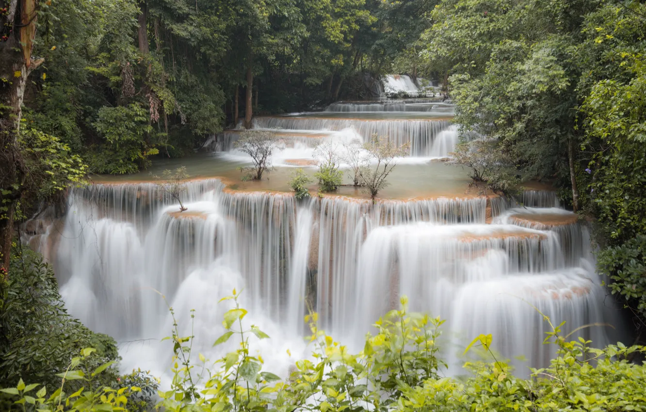 Photo wallpaper forest, landscape, river, rocks, waterfall, summer, Thailand, forest
