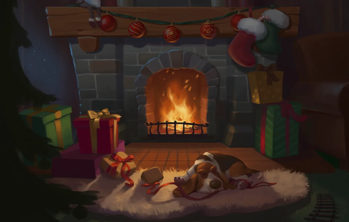 Photo wallpaper Dog, Fire, New Year, Christmas, Holiday, Happy New Year, Mood, Fireplace