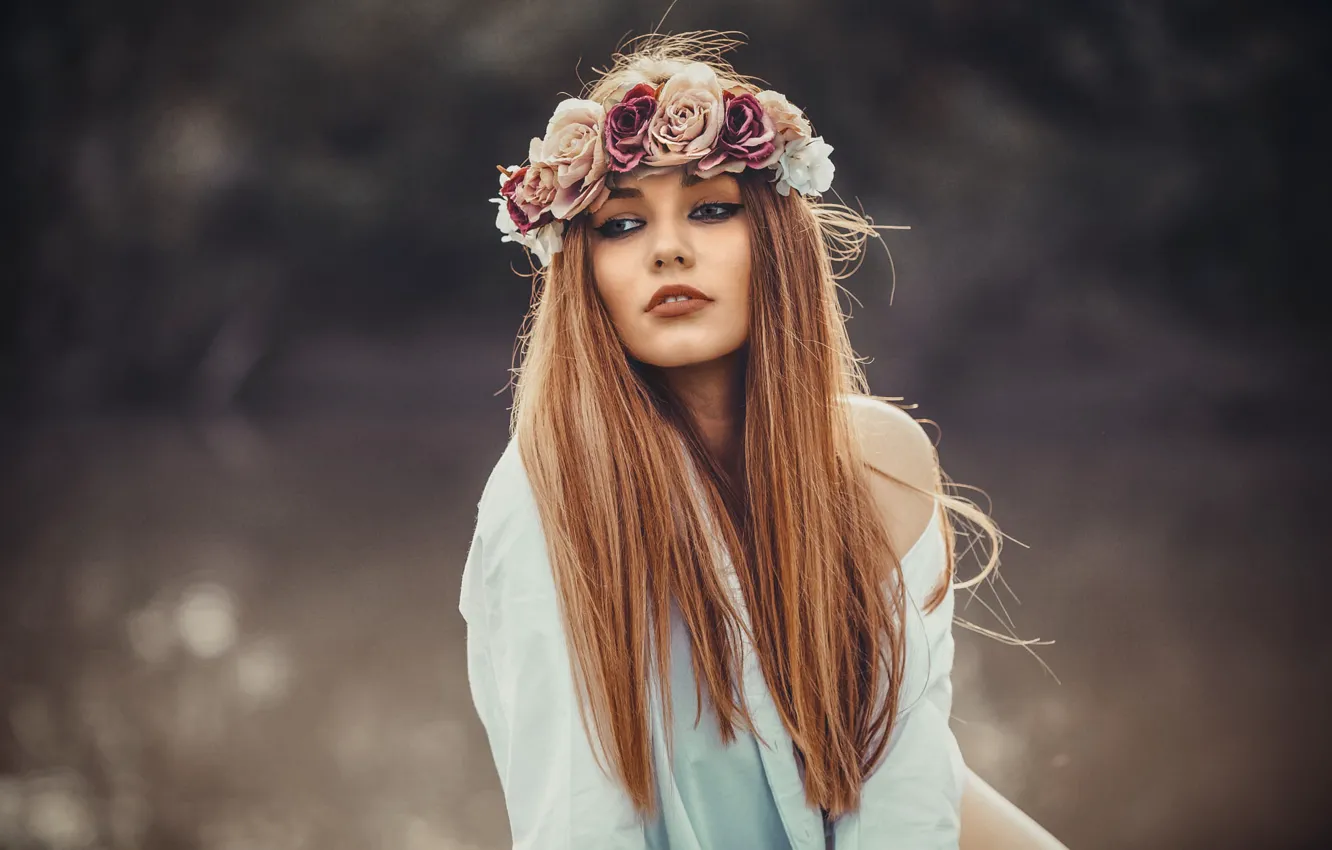 Photo wallpaper model, portrait, makeup, hairstyle, shirt, brown hair, beauty, wreath
