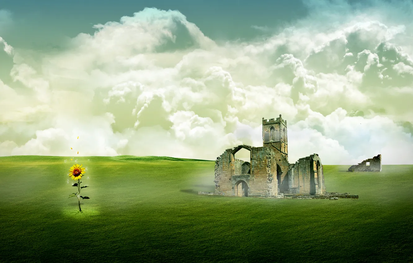 Photo wallpaper field, the sky, grass, clouds, landscape, castle, sunflower, the ruins